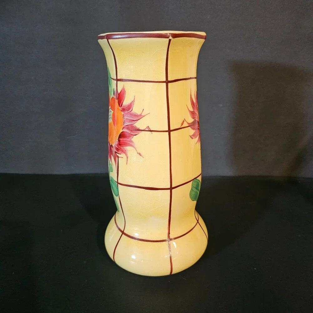 Vtg Handpainted Czech Pottery Vase, Yellow Orange Red Flower 8 x 4 in Art Deco